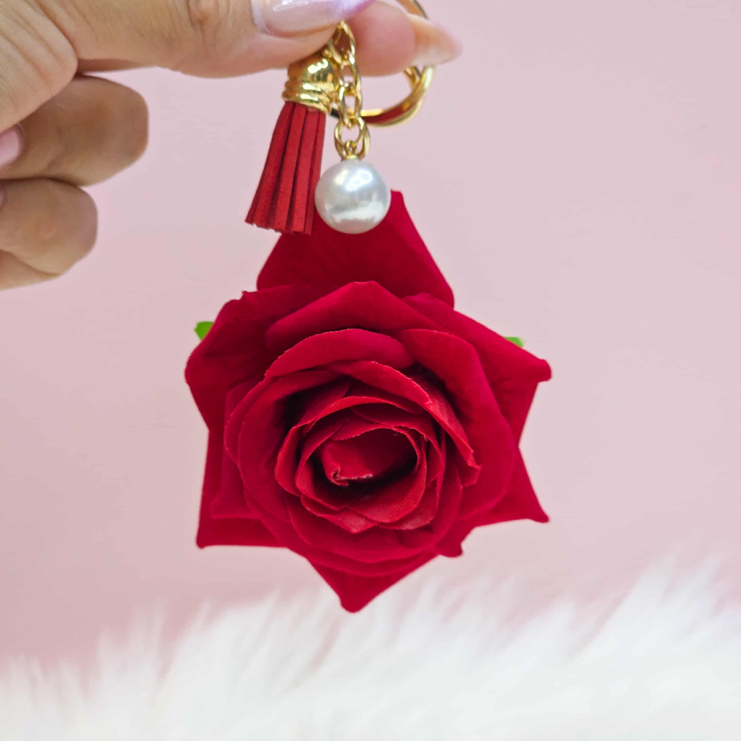 Elegant Red Rose Keychain with Pearl & Tassel