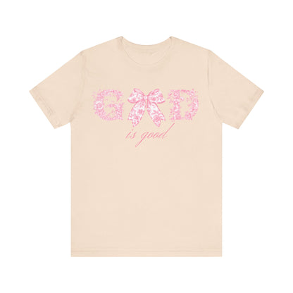 “God Is Good” Pink Floral Bow Christian T-Shirt