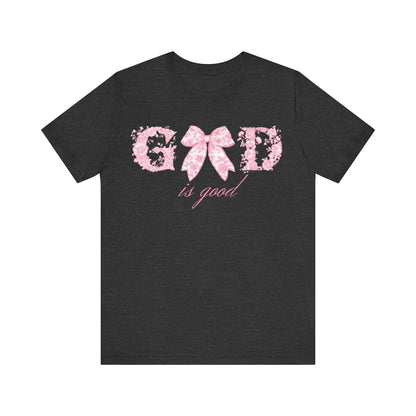 “God Is Good” Pink Floral Bow Christian T-Shirt