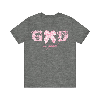 “God Is Good” Pink Floral Bow Christian T-Shirt