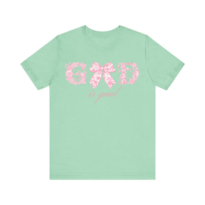 “God Is Good” Pink Floral Bow Christian T-Shirt