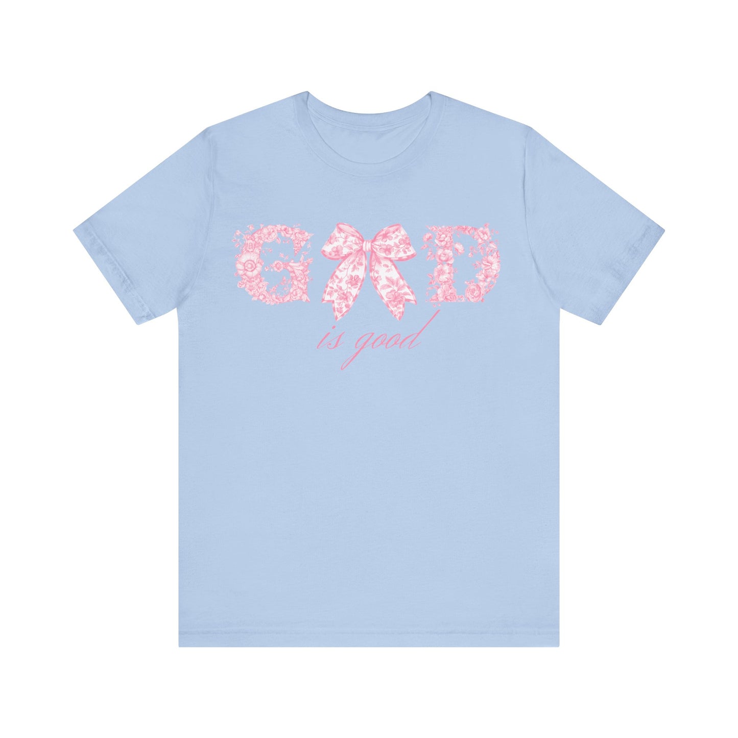 “God Is Good” Pink Floral Bow Christian T-Shirt