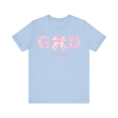 “God Is Good” Pink Floral Bow Christian T-Shirt