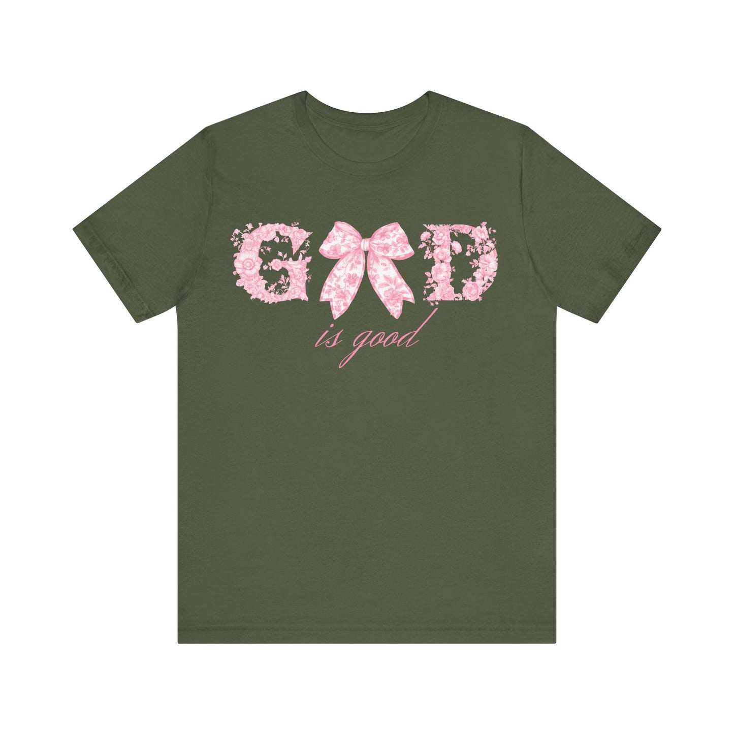“God Is Good” Pink Floral Bow Christian T-Shirt