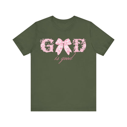 “God Is Good” Pink Floral Bow Christian T-Shirt
