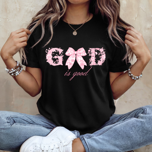 “God Is Good” Pink Floral Bow Christian T-Shirt