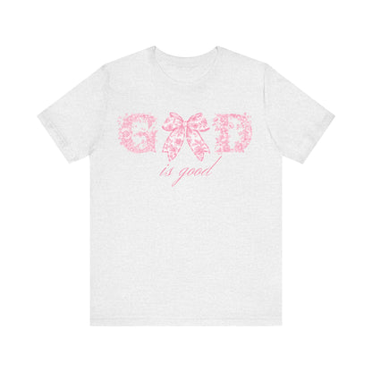 “God Is Good” Pink Floral Bow Christian T-Shirt